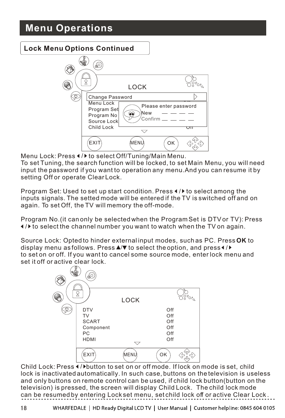 Т³гж 19, Menu operations, Lock menu options continued | Wharfedale LY22T3CBW-UM User Manual | Page 19 / 44