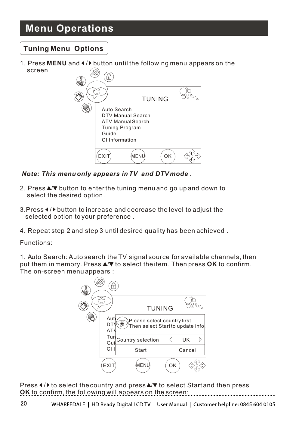 Т³гж 21, Menu operations, Tuning menu options | Wharfedale LY22T3CBW-UM User Manual | Page 21 / 44