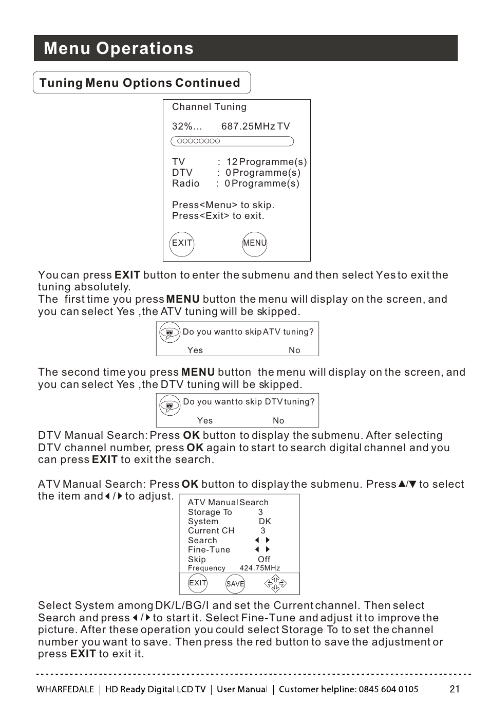 Т³гж 22, Menu operations, Tuning menu options continued | Wharfedale LY22T3CBW-UM User Manual | Page 22 / 44