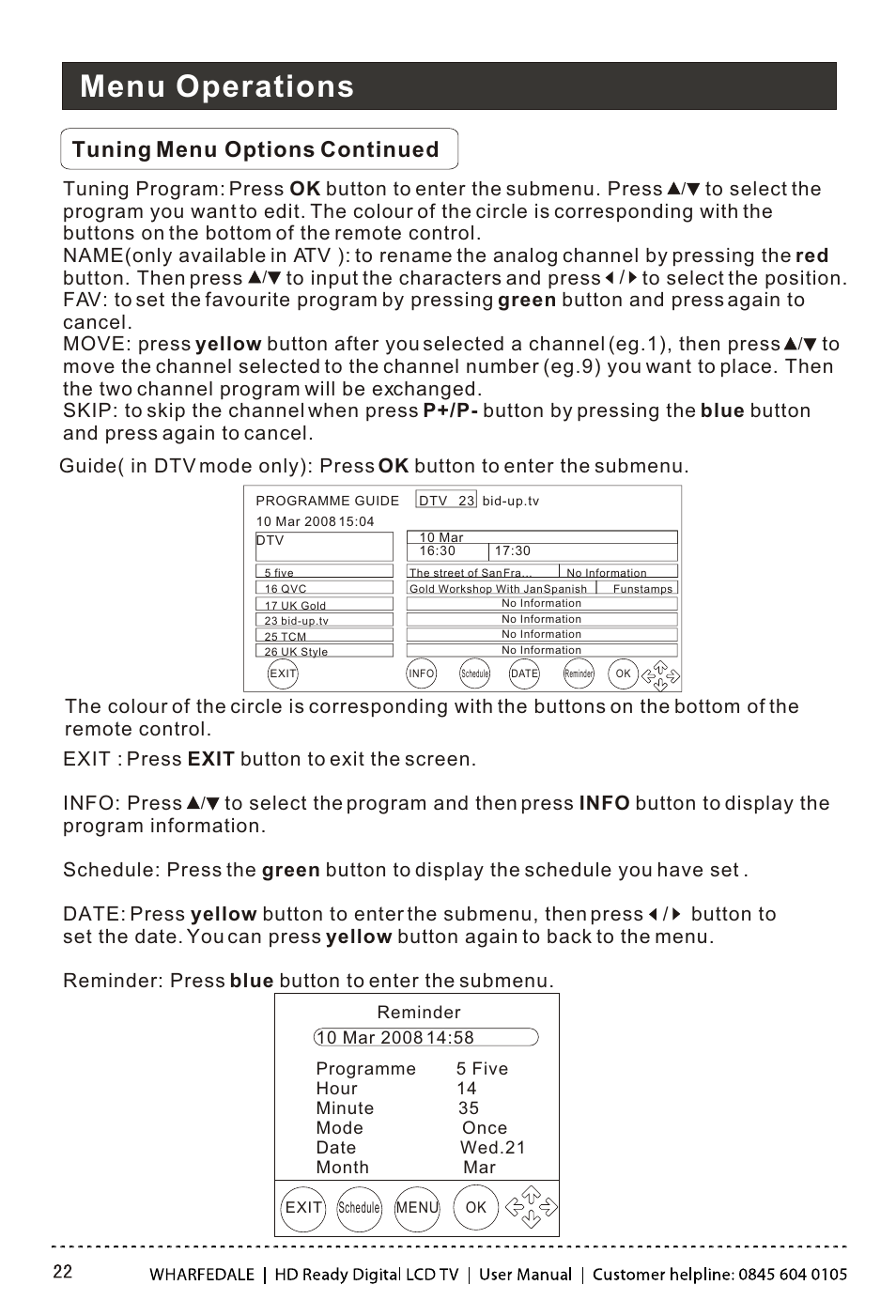 Т³гж 23, Menu operations, Tuning menu options continued | Wharfedale LY22T3CBW-UM User Manual | Page 23 / 44