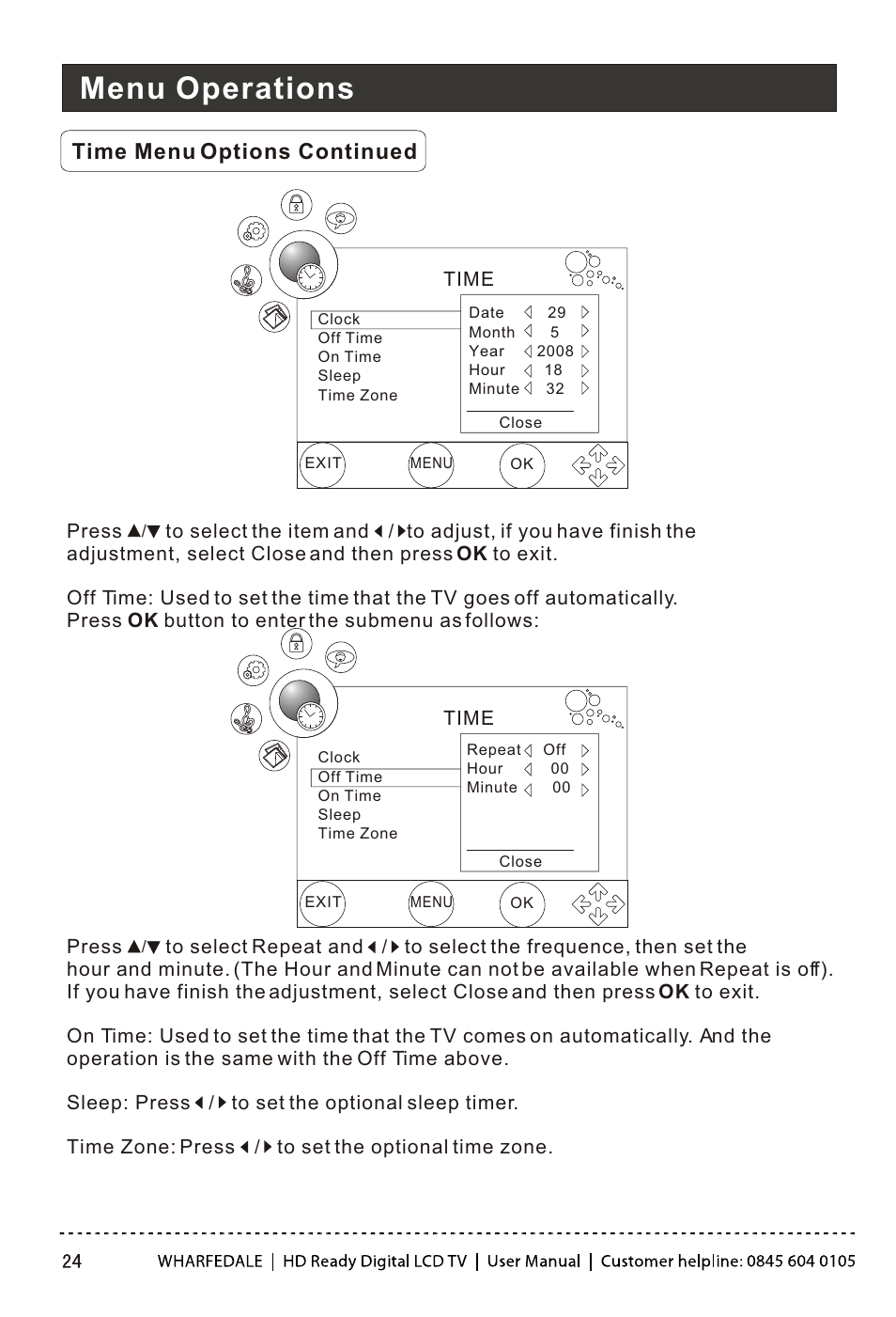 Т³гж 25, Menu operations, Time menu options continued | Wharfedale LY22T3CBW-UM User Manual | Page 25 / 44