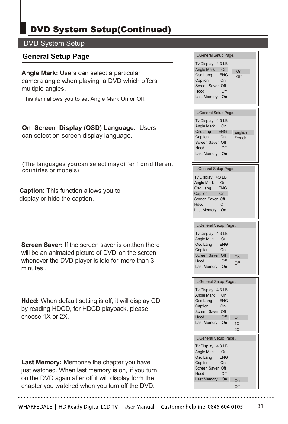 Т³гж 32, Dvd system setup(continued), Dvd system setup general setup page | Wharfedale LY22T3CBW-UM User Manual | Page 32 / 44