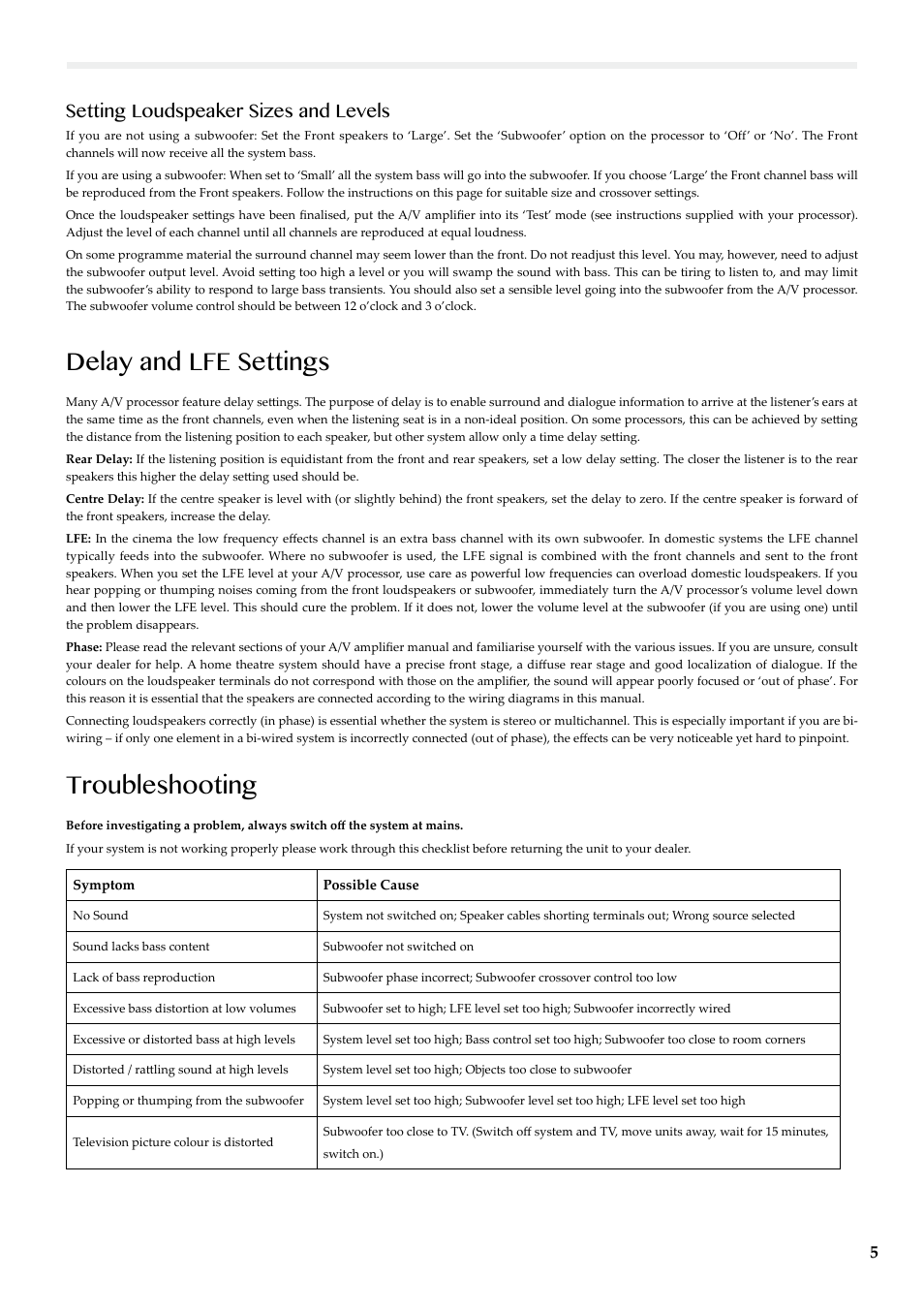 Delay and lfe settings, Troubleshooting, Setting loudspeaker sizes and levels | Wharfedale Diamond 159 User Manual | Page 7 / 12