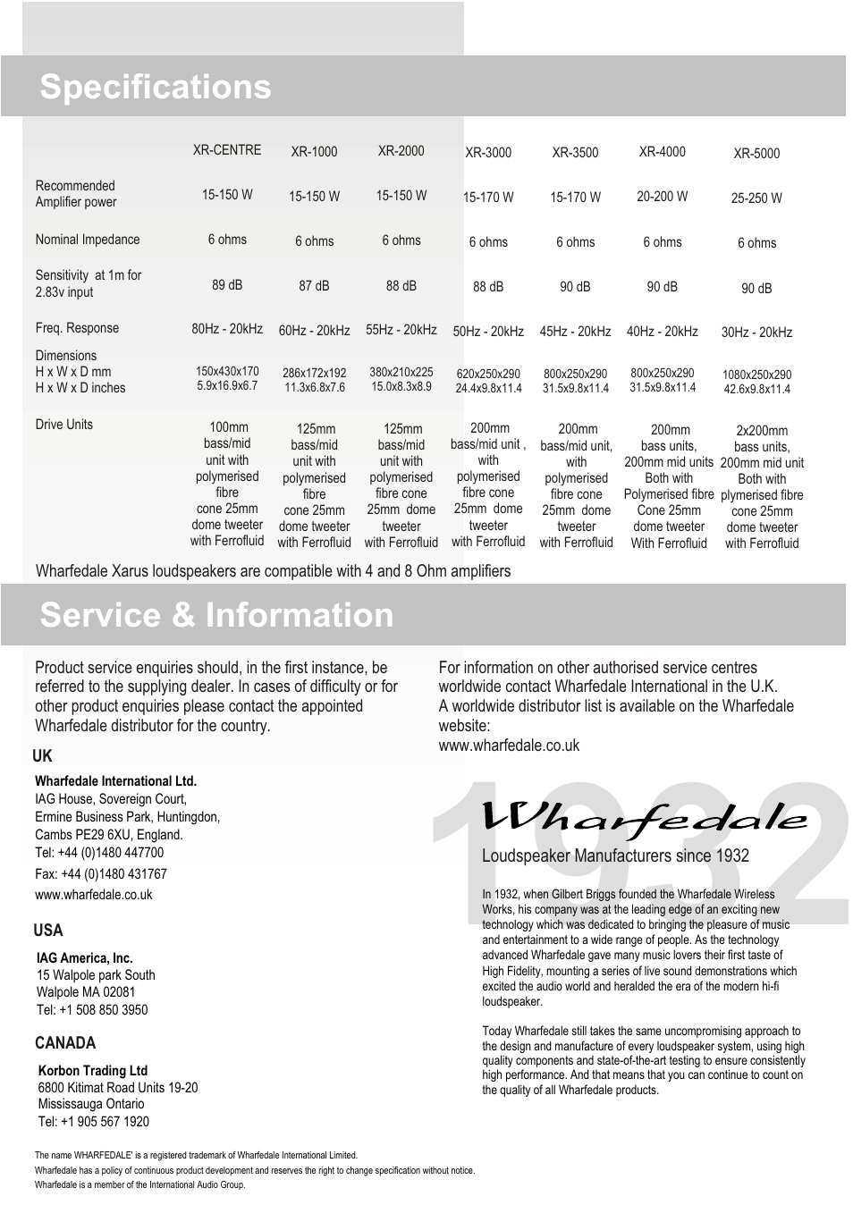 Т³гж 6, Specifications, Service & information | Wharfedale XR3000 User Manual | Page 5 / 5