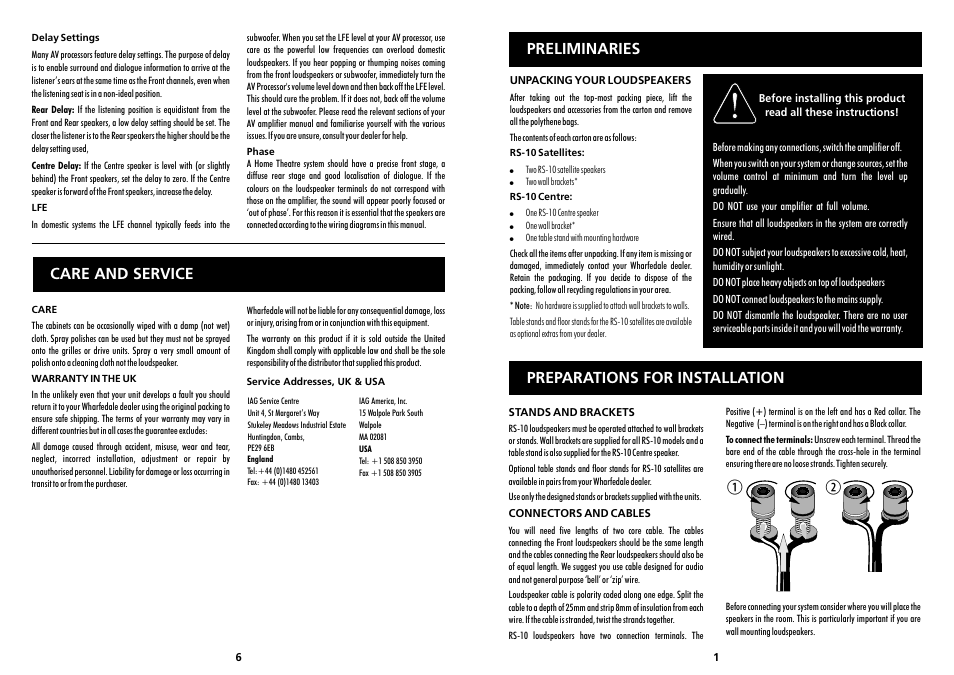 Preliminaries, Preparations for installation, Care and service | Wharfedale RS-10 User Manual | Page 2 / 4