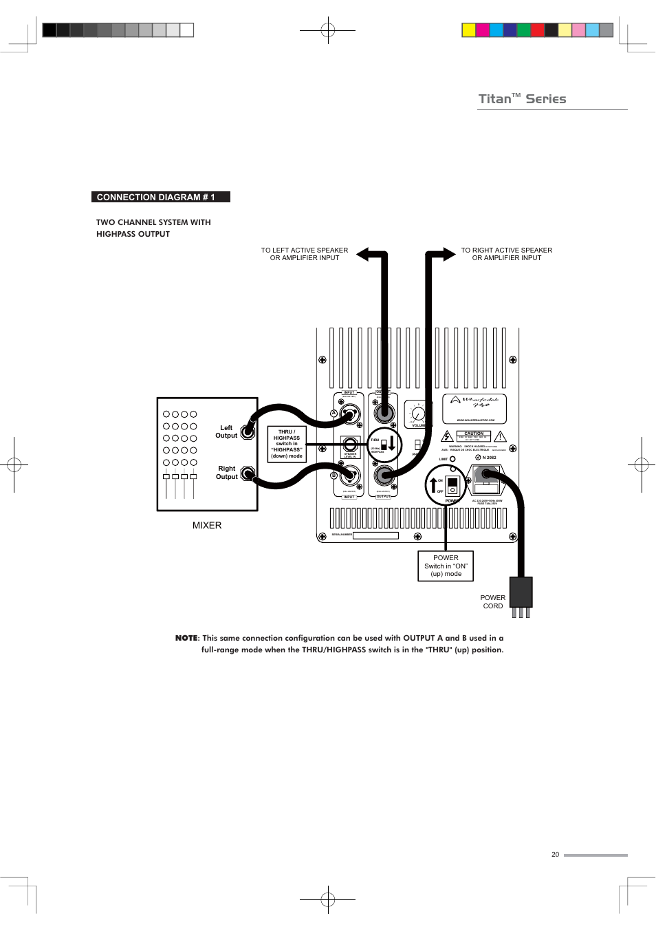 Titan, Series, Mixer | Connection diagram # 1, Two channel system with highpass output | Wharfedale Titan Sub A15 User Manual | Page 13 / 33