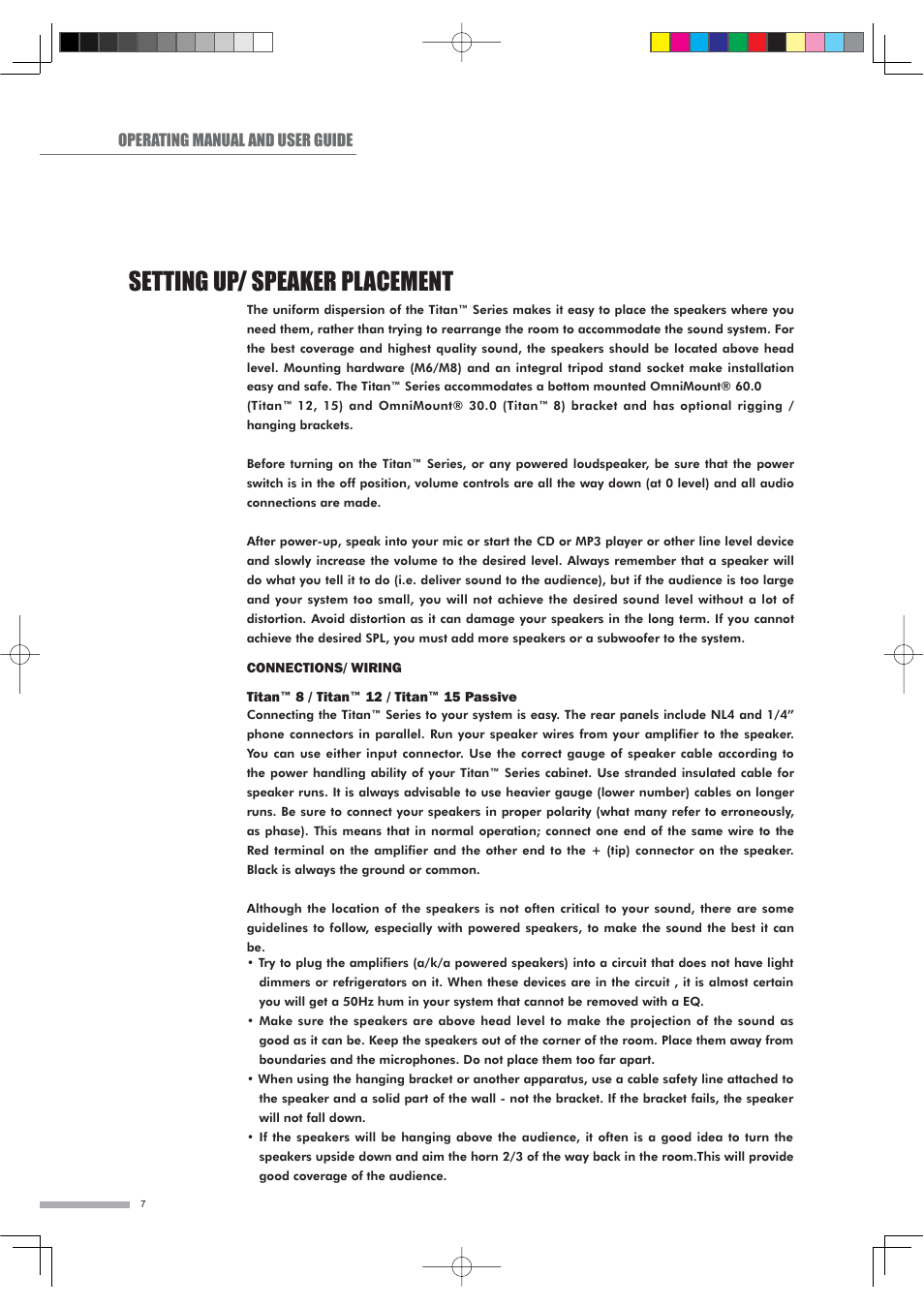 Setting up/ speaker placement, Operating manual and user guide | Wharfedale Titan Sub A15 User Manual | Page 8 / 33