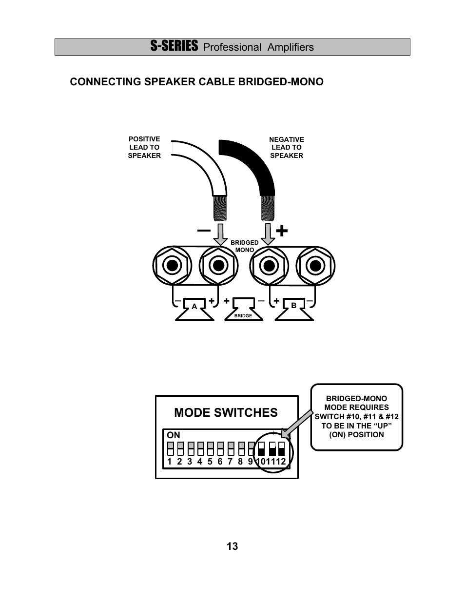 S-series, Mode switches, Connecting speaker cable bridged-mono 13 | Professional amplifiers | Wharfedale S-2500 User Manual | Page 15 / 20