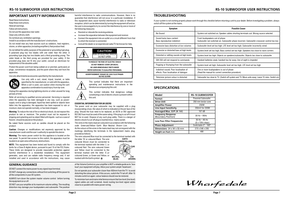 Important safety information, Rs-10 subwoofer user instructions, Troubleshooting | Specifications rs-10 subwoofer user instructions | Wharfedale RS10 User Manual | Page 2 / 4