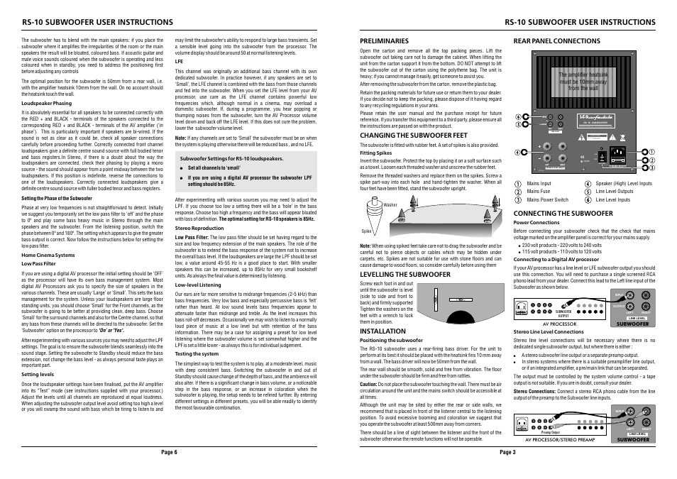 Risk of electric shock do not open, Left, Left input input output output right right | Serial no, Rs-10 subwoofer user instructions | Wharfedale RS10 User Manual | Page 3 / 4