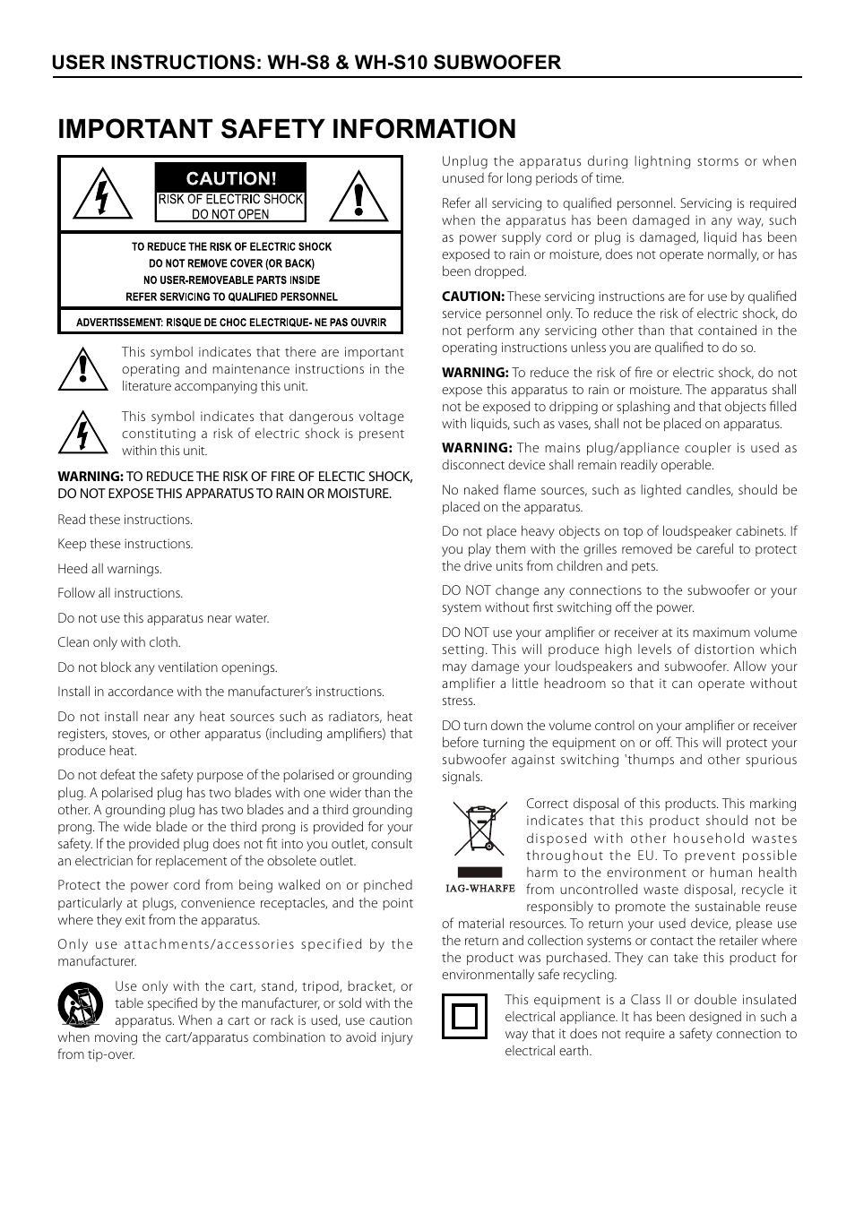 Important safety information, User instructions: wh-s8 & wh-s10 subwoofer | Wharfedale subwoofer WH-S8 & WH-S10 User Manual | Page 2 / 12