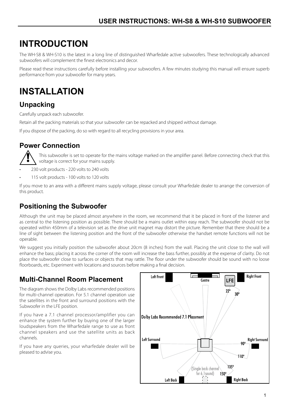 Introduction, Installation, Unpacking | Power connection, Positioning the subwoofer, Multi-channel room placement | Wharfedale subwoofer WH-S8 & WH-S10 User Manual | Page 3 / 12