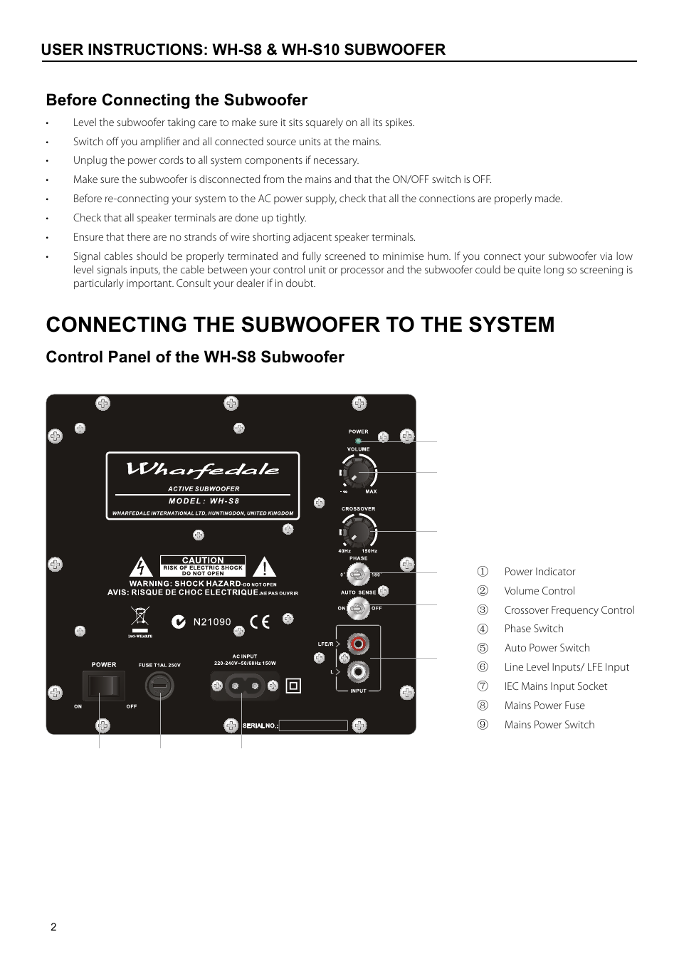 Connecting the subwoofer to the system, Control panel of the wh-s8 subwoofer, Before connecting the subwoofer | User instructions: wh-s8 & wh-s10 subwoofer | Wharfedale subwoofer WH-S8 & WH-S10 User Manual | Page 4 / 12