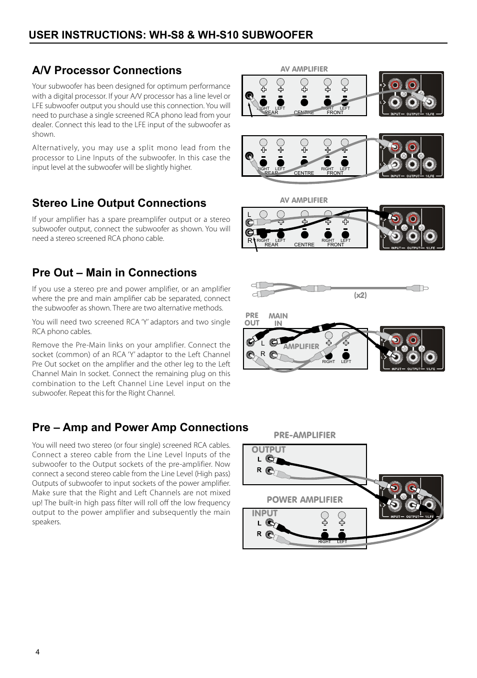 A/v processor connections, Pre out – main in connections, Stereo line output connections | Pre – amp and power amp connections, User instructions: wh-s8 & wh-s10 subwoofer, Pre-amplifier output power amplifier input | Wharfedale subwoofer WH-S8 & WH-S10 User Manual | Page 6 / 12