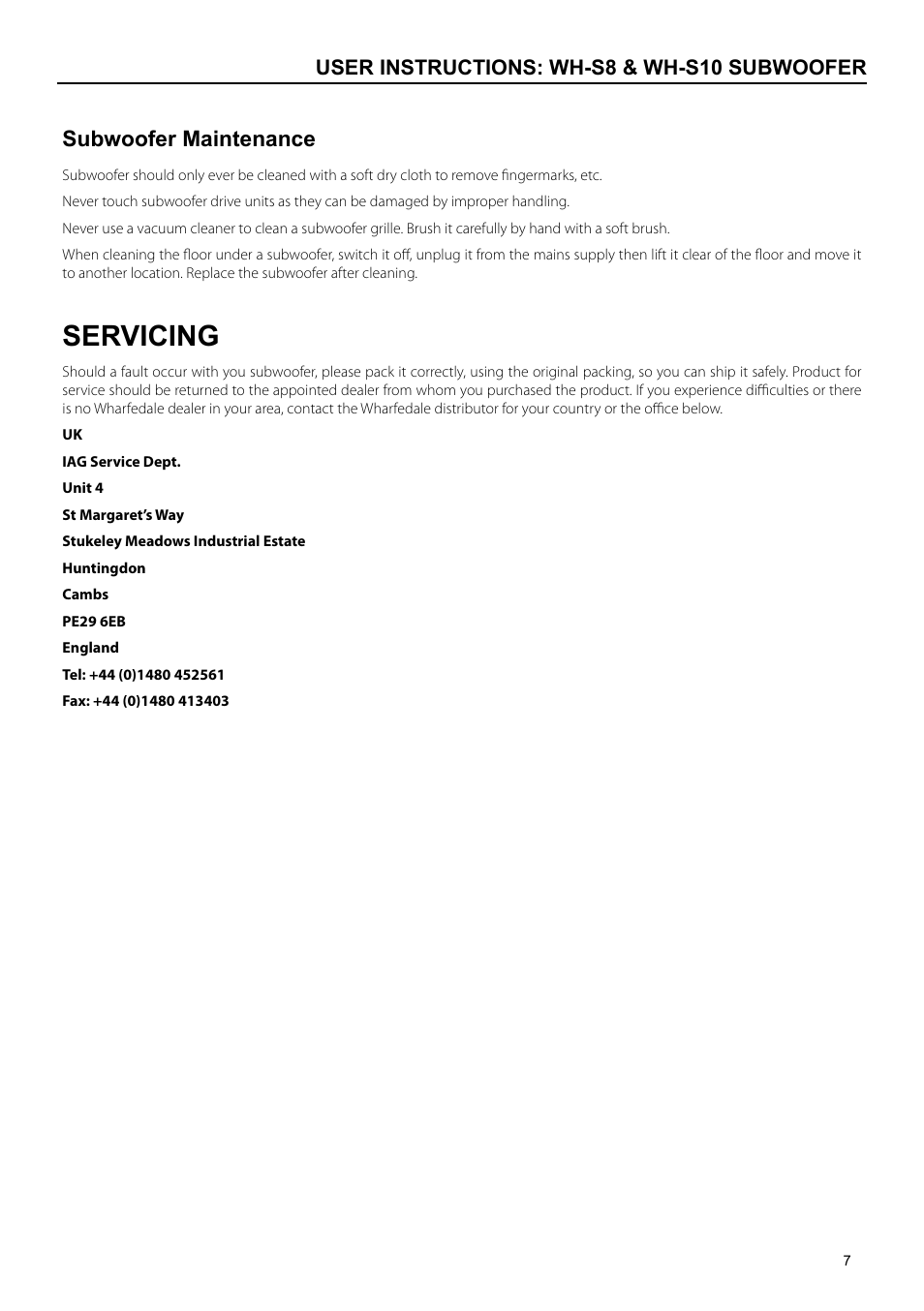 Servicing | Wharfedale subwoofer WH-S8 & WH-S10 User Manual | Page 9 / 12