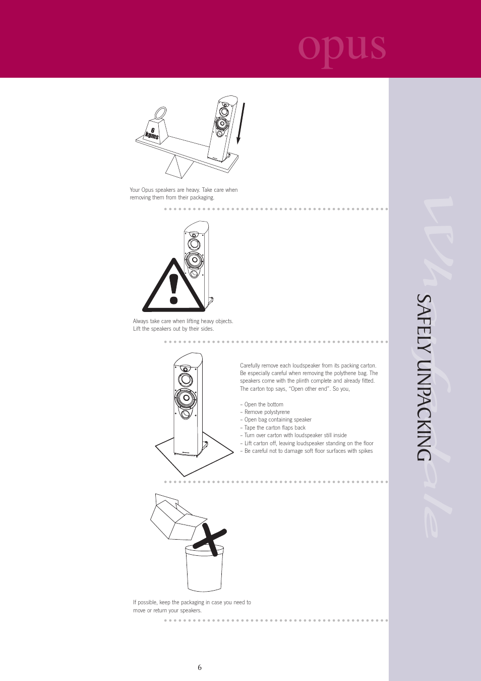 Opus, Safel y unp acking | Wharfedale opus User Manual | Page 6 / 27