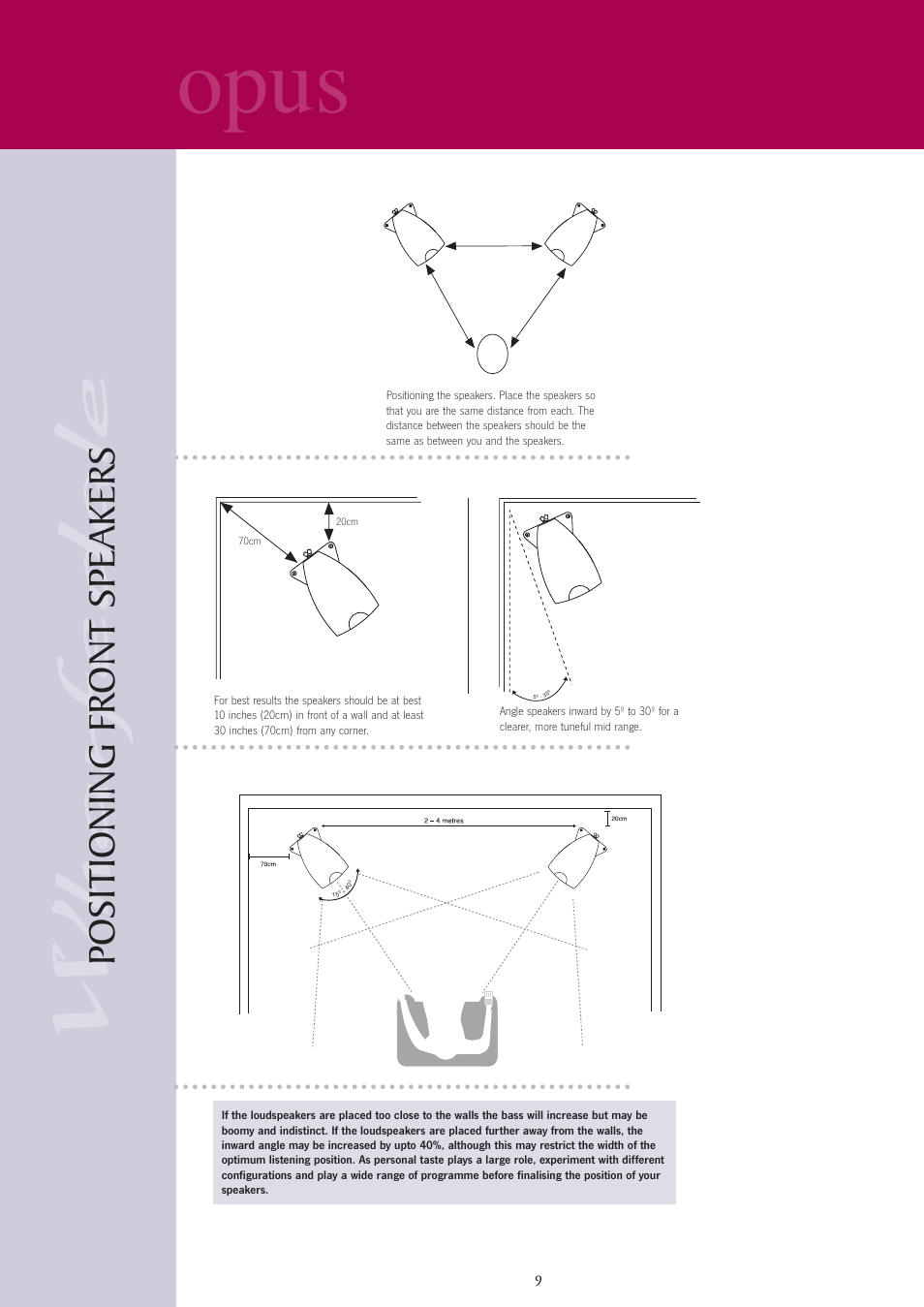 Opus, Positioning front speakers | Wharfedale opus User Manual | Page 9 / 27