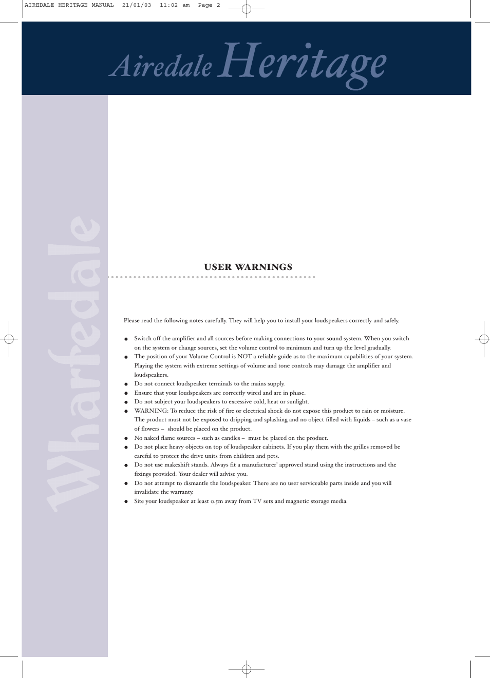 User warnings | Wharfedale PANTONE 539 User Manual | Page 3 / 27