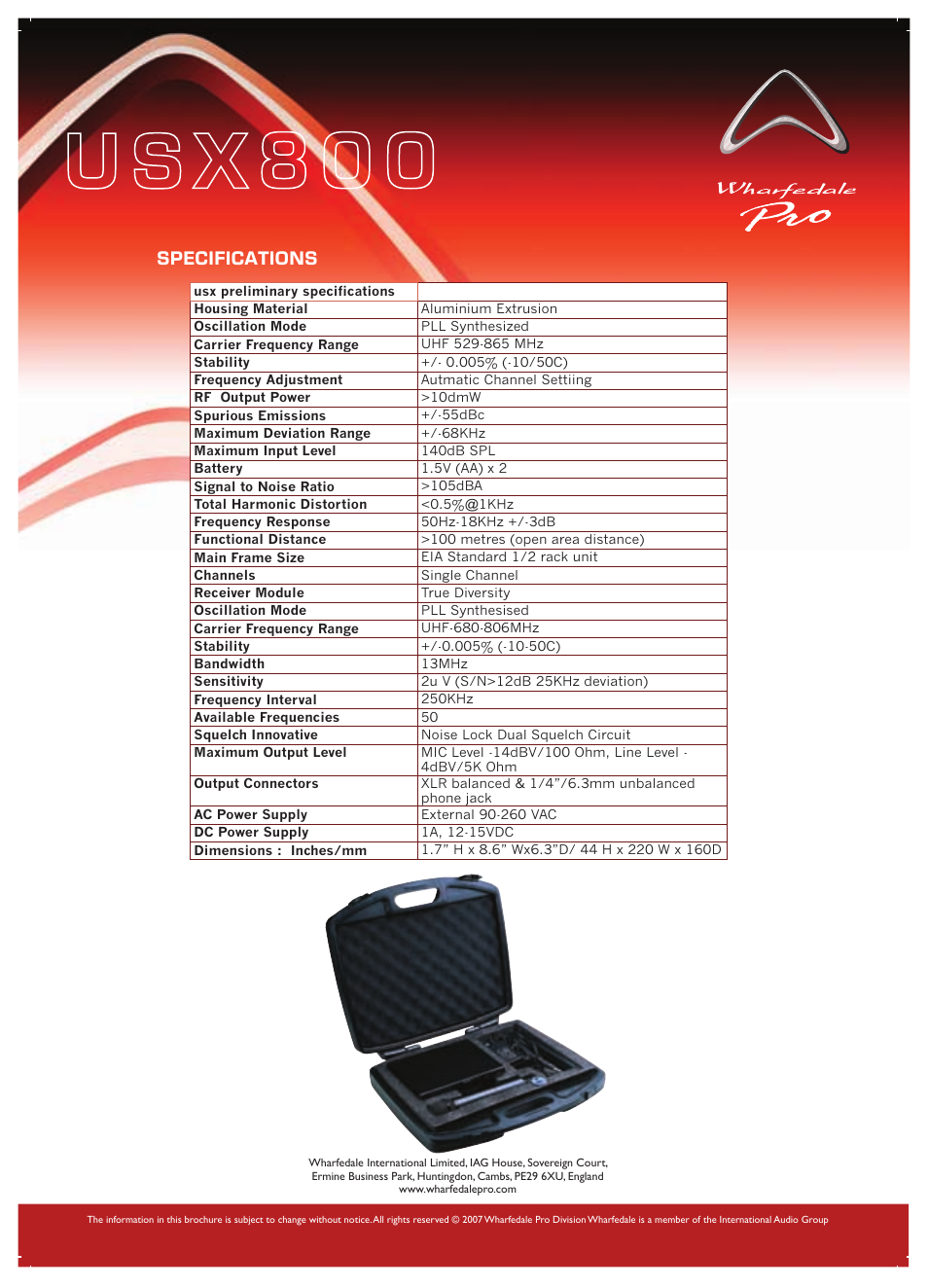 Specifications | Wharfedale USX 800 User Manual | Page 2 / 2