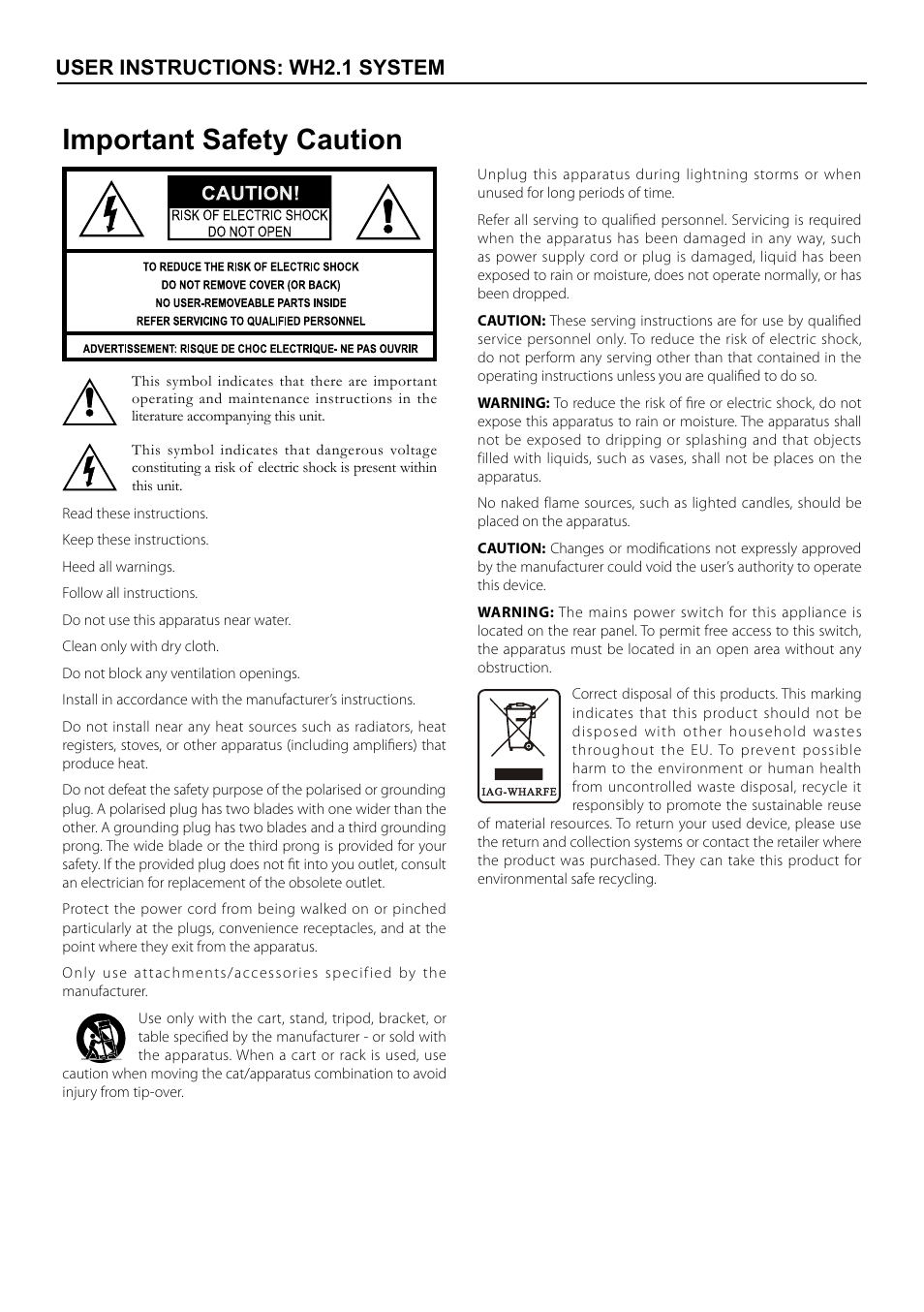 Important safety caution, User instructions: wh2.1 system | Wharfedale WH-C User Manual | Page 2 / 8