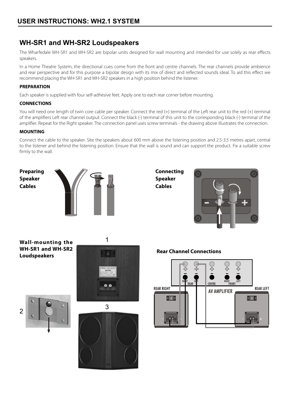 Wh-sr1 and wh-sr2 loudspeakers, User instructions: wh2.1 system | Wharfedale WH-C User Manual | Page 4 / 8