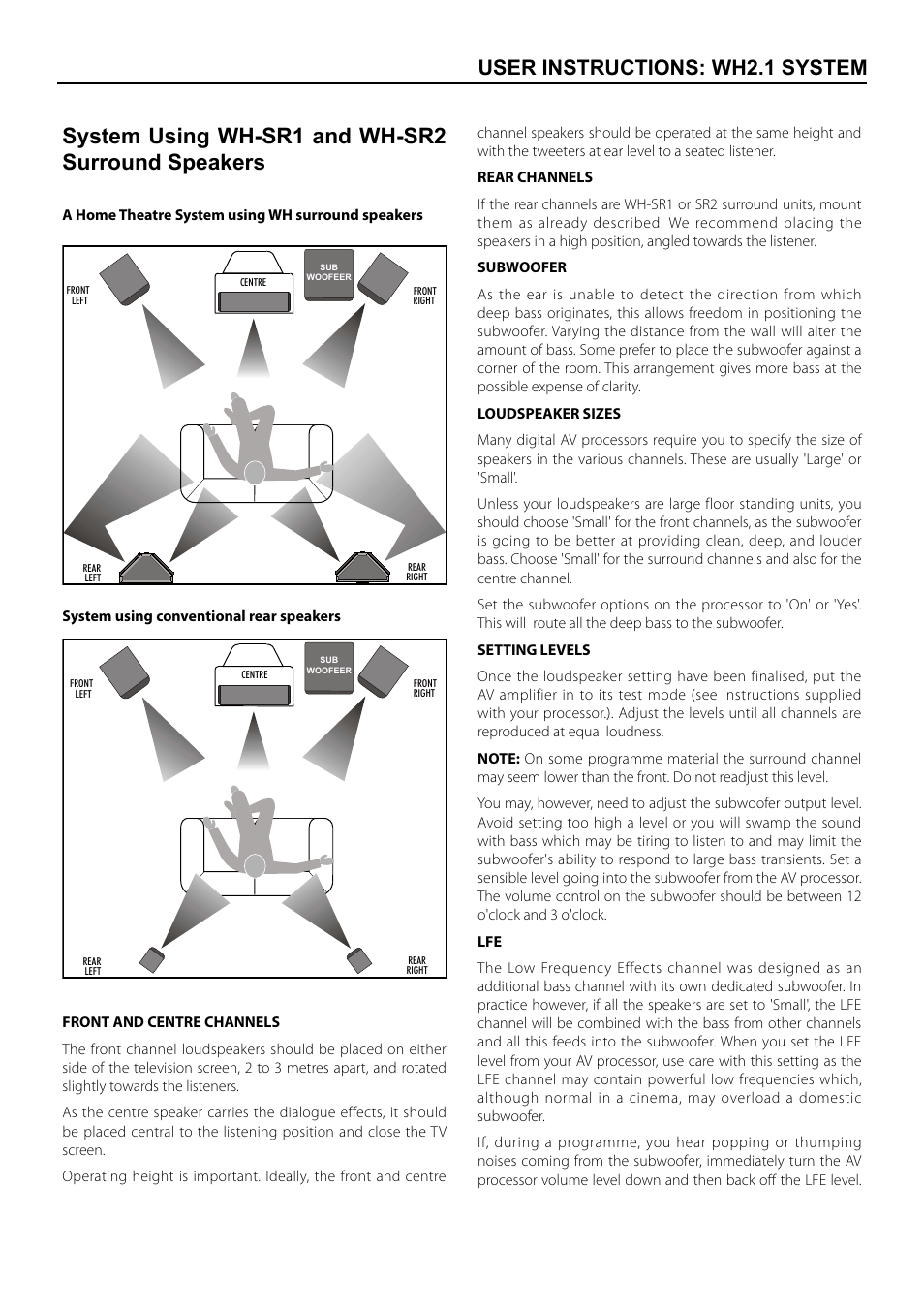 System using wh-sr1 and wh-sr2 surround speakers, User instructions: wh2.1 system | Wharfedale WH-C User Manual | Page 5 / 8