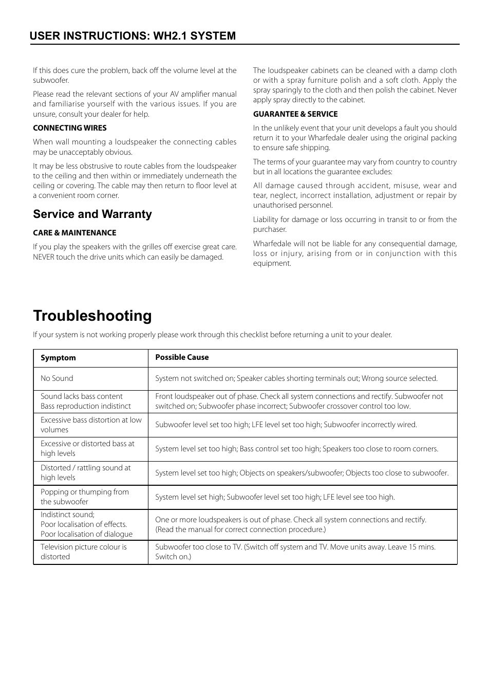 Troubleshooting, Service and warranty, User instructions: wh2.1 system | Wharfedale WH-C User Manual | Page 6 / 8
