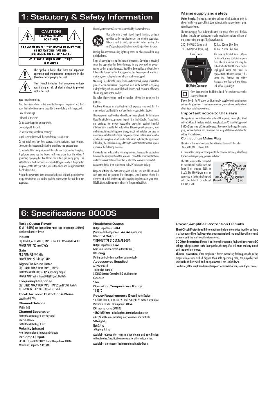 Statutory & safety information, Specifications 8000s | Wharfedale 8000S User Manual | Page 2 / 4
