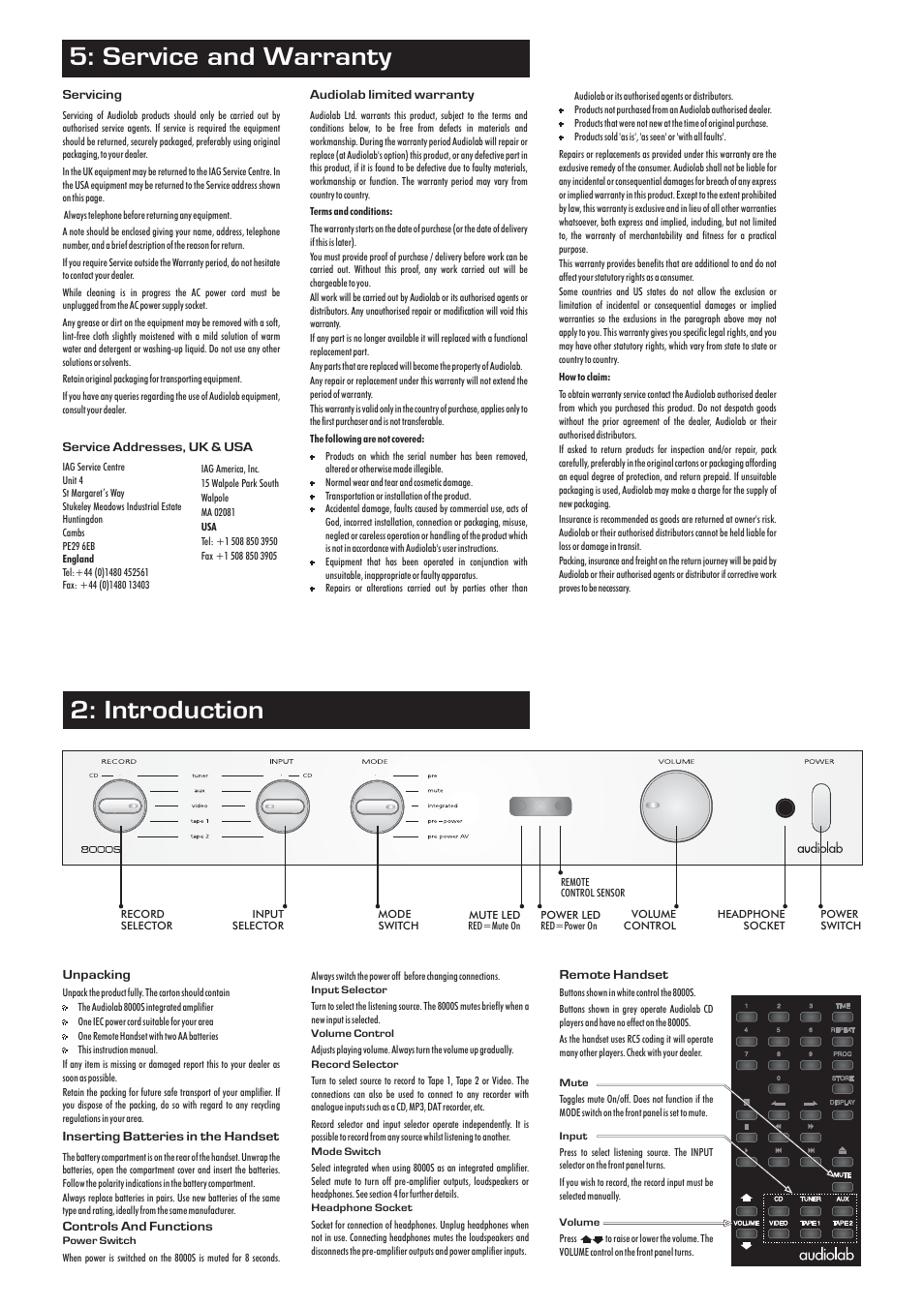 Introduction 5: service and warranty | Wharfedale 8000S User Manual | Page 3 / 4