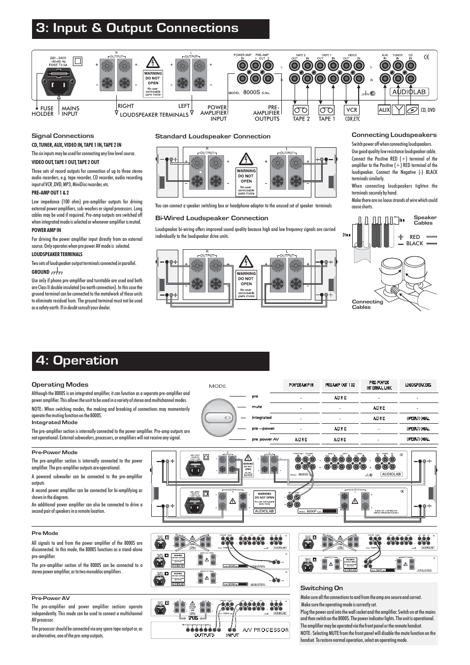 Input & output connections, Operation | Wharfedale 8000S User Manual | Page 4 / 4