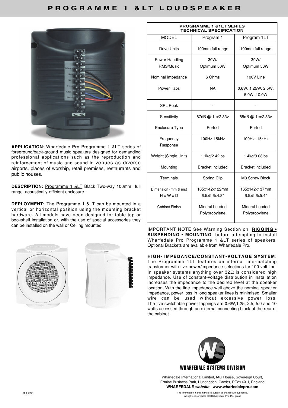 Wharfedale systems division | Wharfedale Programme 1LT User Manual | Page 2 / 2