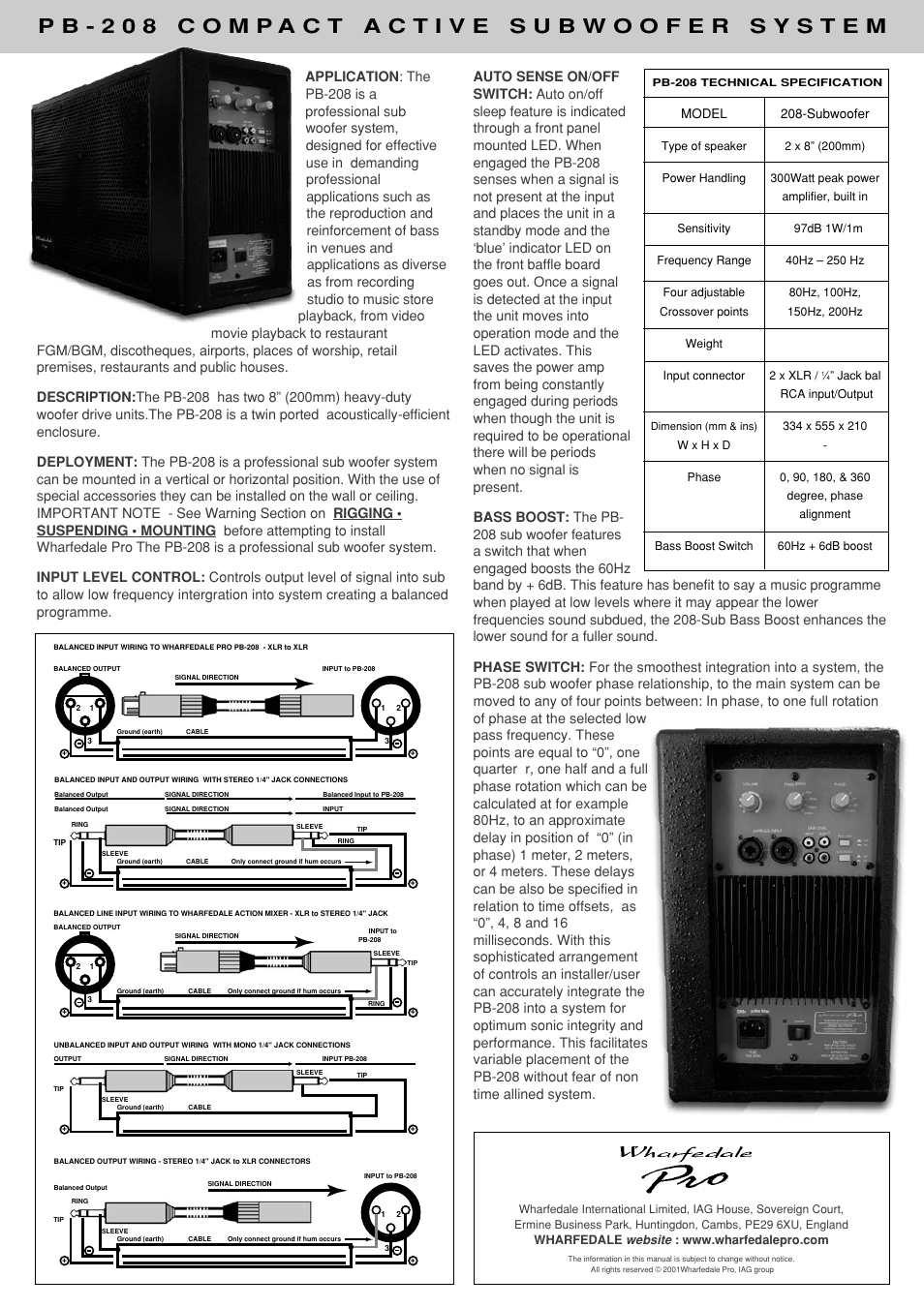 Model, Subwoofer | Wharfedale PB-208 User Manual | Page 2 / 2