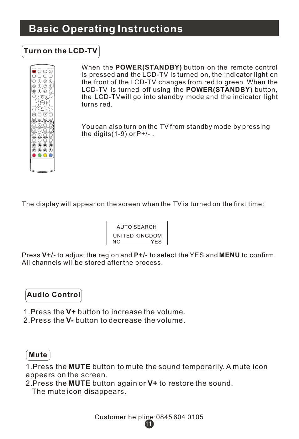 Т³гж 15, Basic operating instructions, Turn on the lcd-tv | Auto search united kingdom no | Wharfedale L15T11W-A User Manual | Page 15 / 44