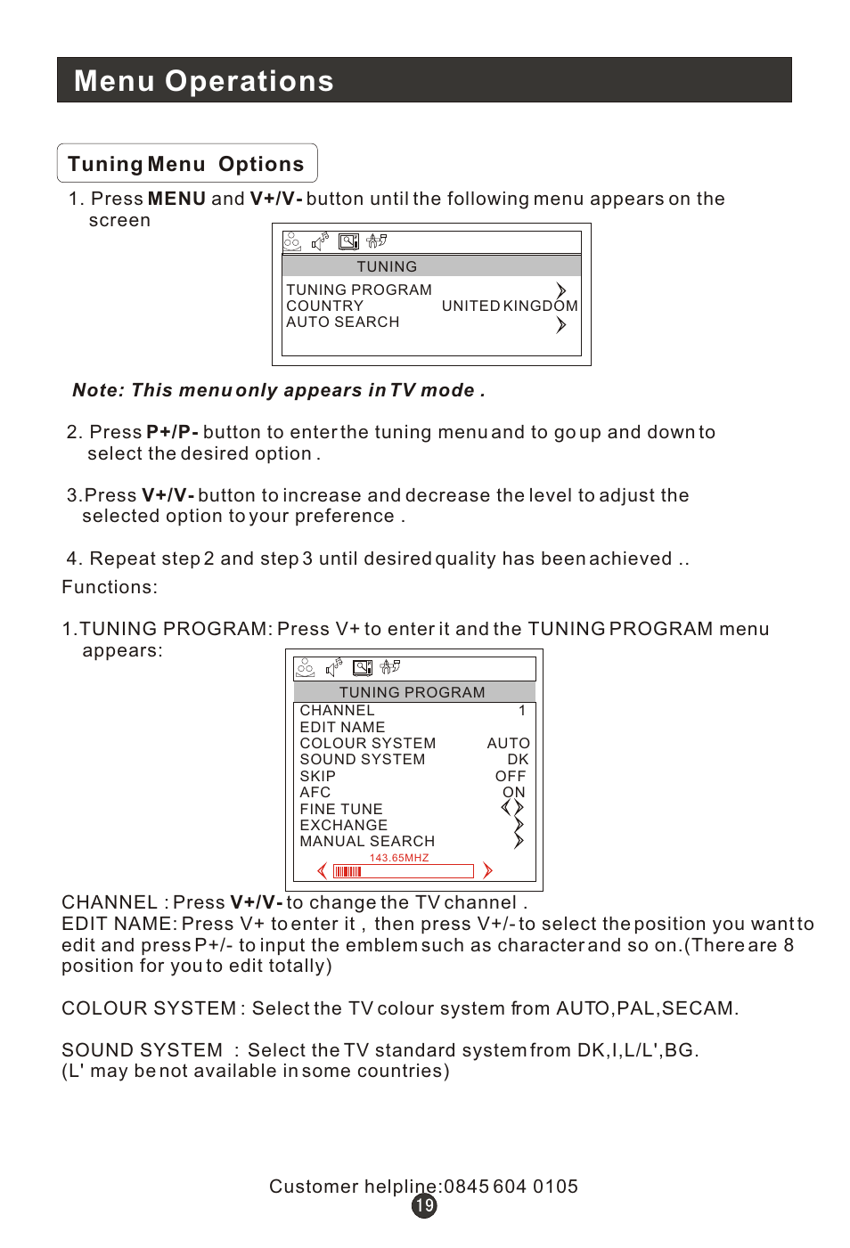 Т³гж 23, Menu operations | Wharfedale L15T11W-A User Manual | Page 23 / 44