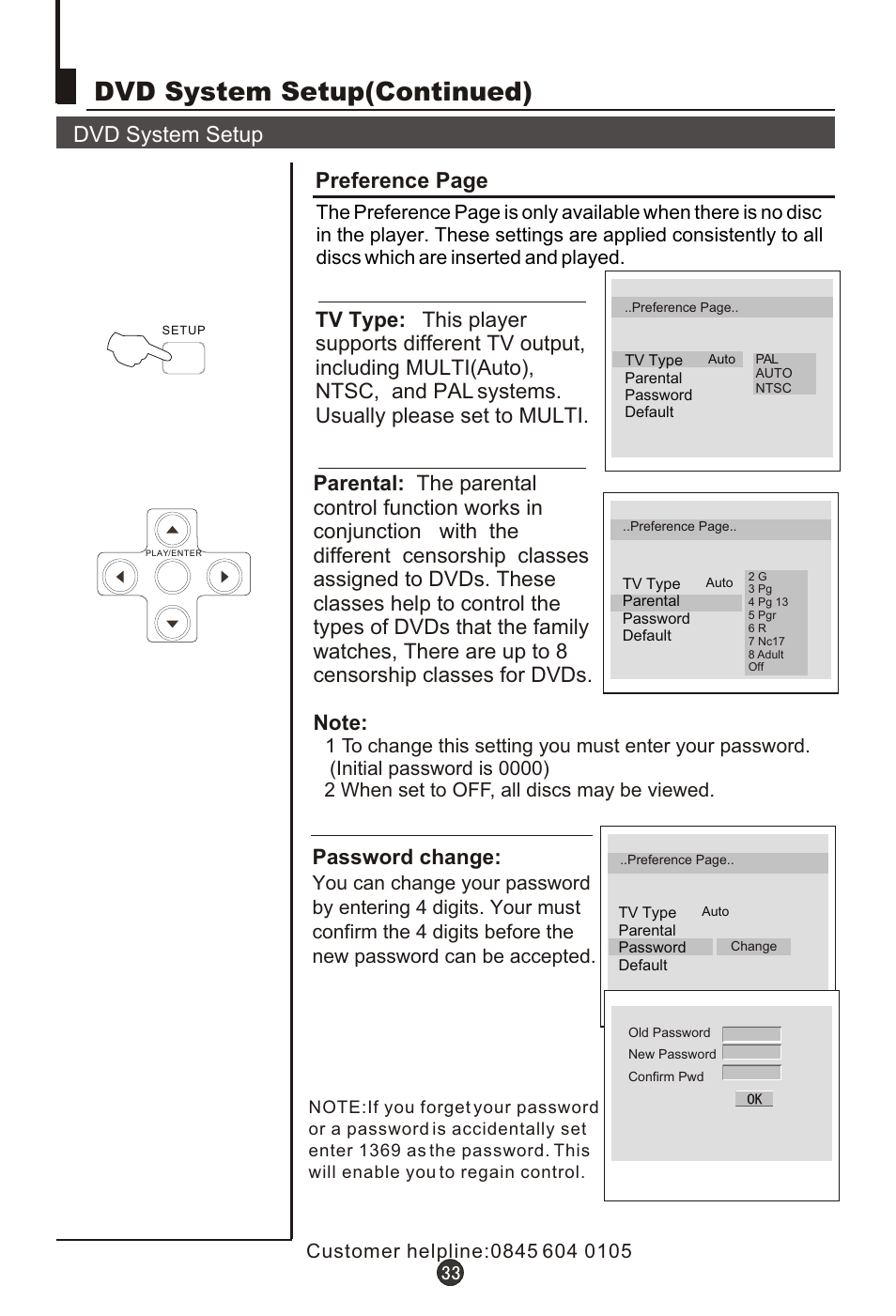 Т³гж 37, Dvd system setup(continued), Dvd system setup | Preference page, Password change | Wharfedale L15T11W-A User Manual | Page 37 / 44