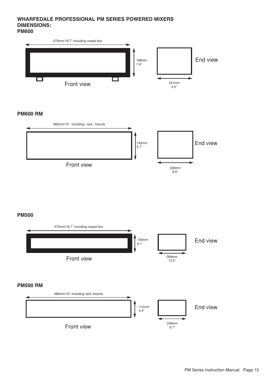 Front view end view front view end view, Front view end view | Wharfedale PM500 User Manual | Page 11 / 14