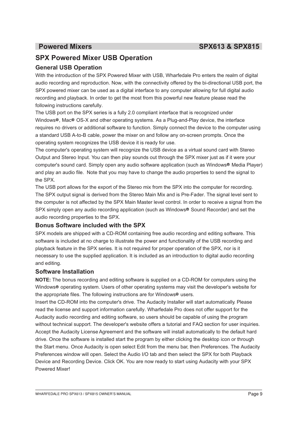 Т³гж 10, General usb operation, Bonus software included with the spx | Software installation | Wharfedale SPX613 User Manual | Page 10 / 18