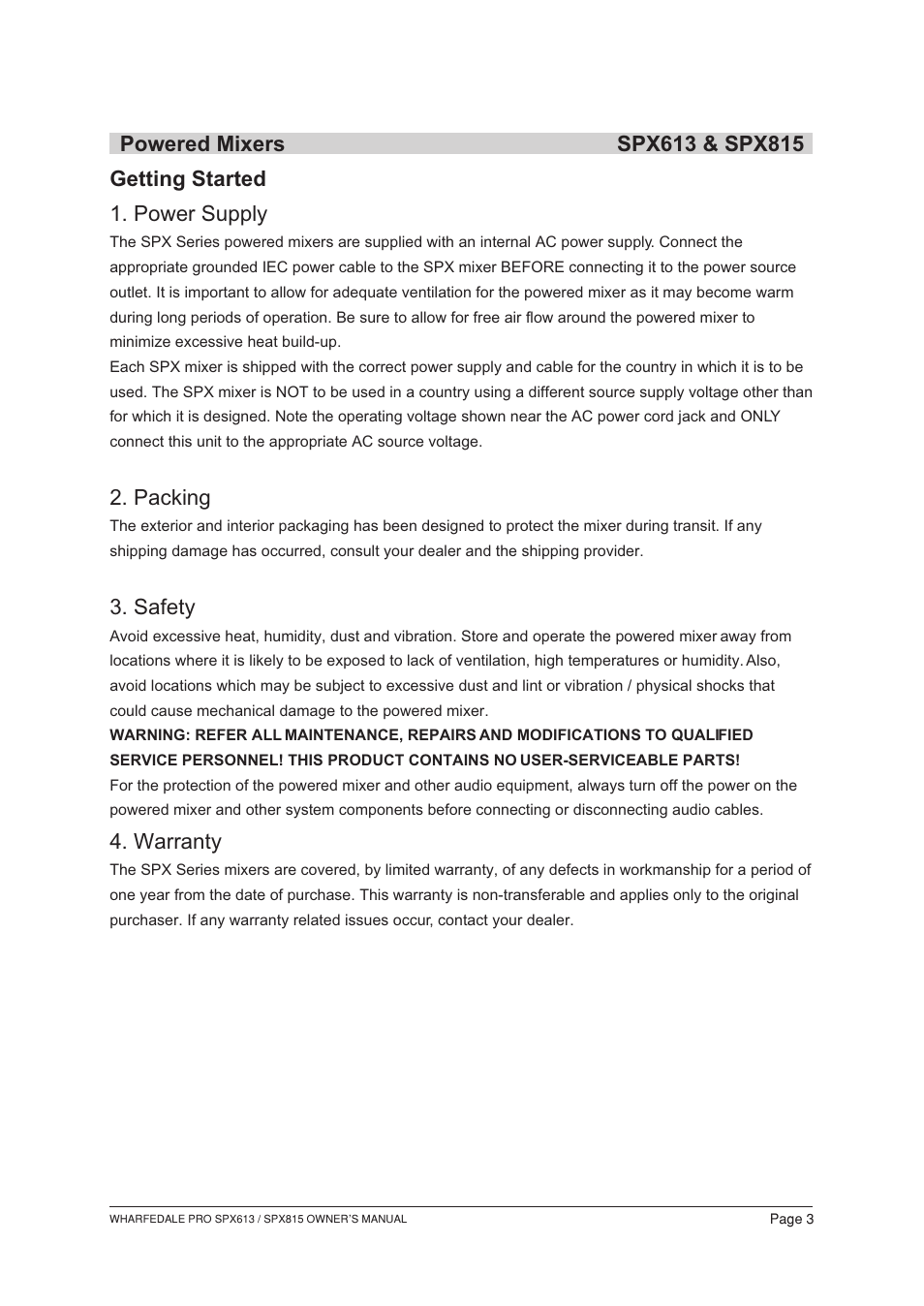 Т³гж 4, Getting started 1. power supply, Packing | Safety, Warranty | Wharfedale SPX613 User Manual | Page 4 / 18