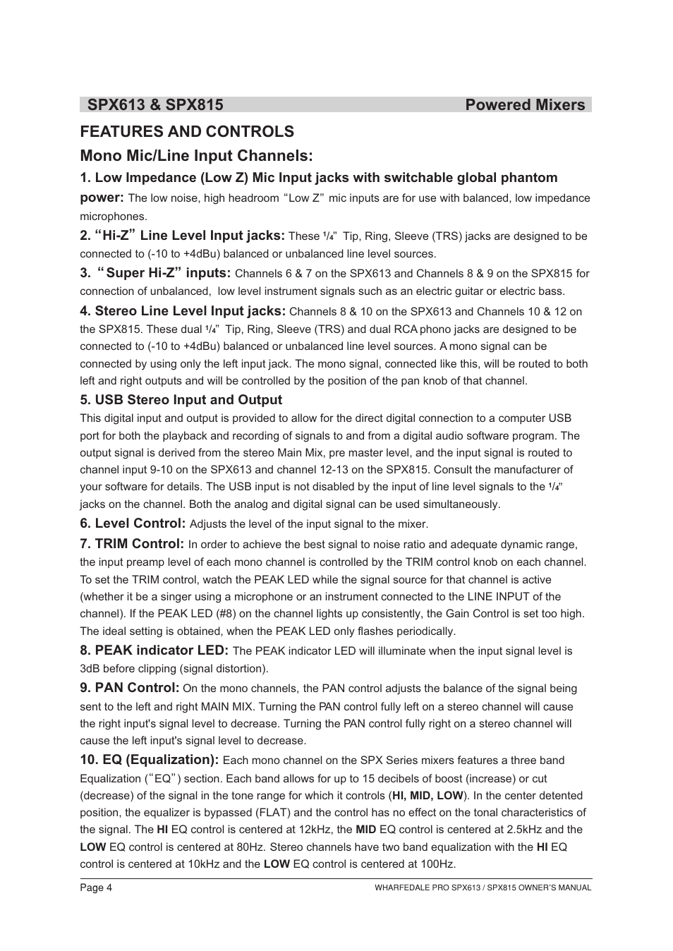 Т³гж 5, Features and controls mono mic/line input channels | Wharfedale SPX613 User Manual | Page 5 / 18