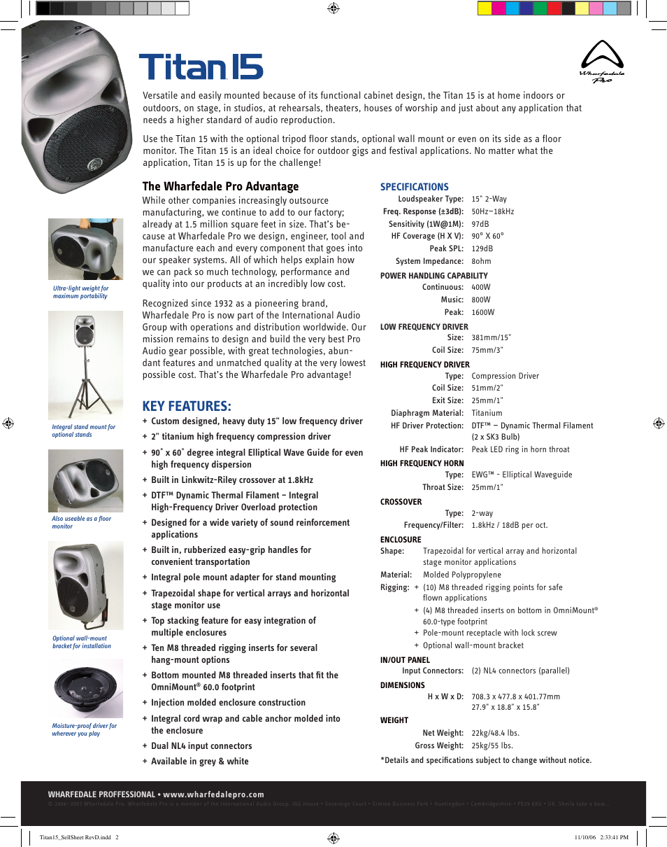 Key features, The wharfedale pro advantage | Wharfedale Titan 15 User Manual | Page 2 / 2