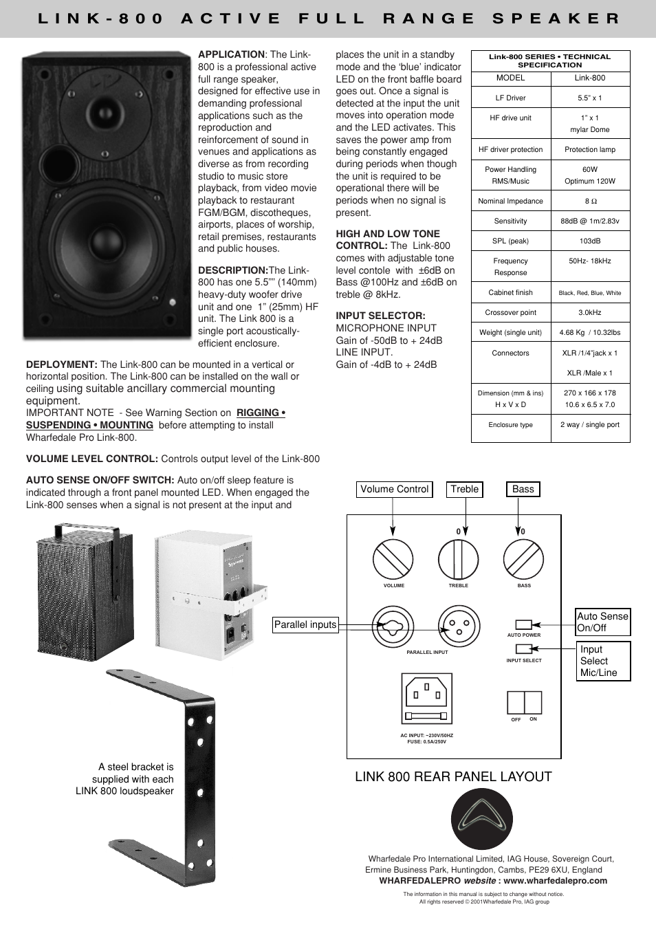 Link 800 rear panel layout | Wharfedale Link-800 User Manual | Page 2 / 2