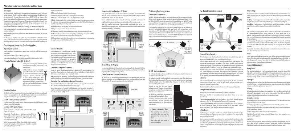 Positioning your lourspeakers, Preparing and connecting your loudspeakers, The home theatre environment care and maintenance | Introduction, Subwoofer, Front left front right, Caution - connecting wires | Wharfedale Crystal User Manual | Page 2 / 2