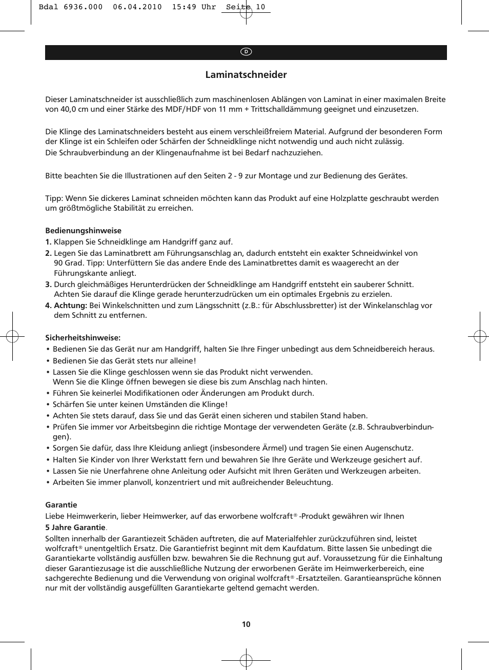 Laminatschneider | Wolfcraft LC 300 User Manual | Page 10 / 32