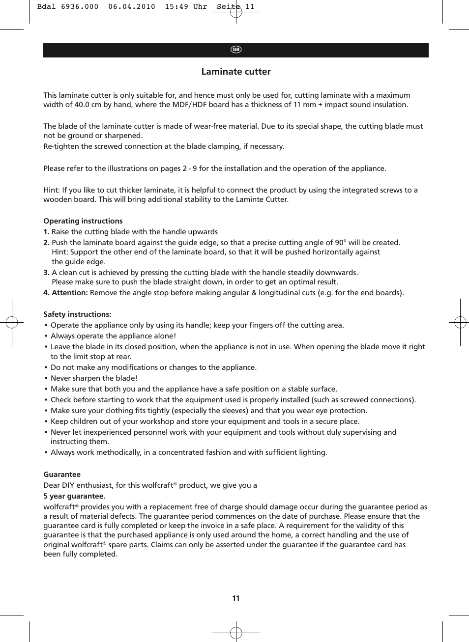 Laminate cutter | Wolfcraft LC 300 User Manual | Page 11 / 32