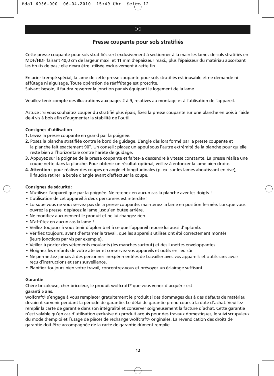 Presse coupante pour sols stratifiés | Wolfcraft LC 300 User Manual | Page 12 / 32