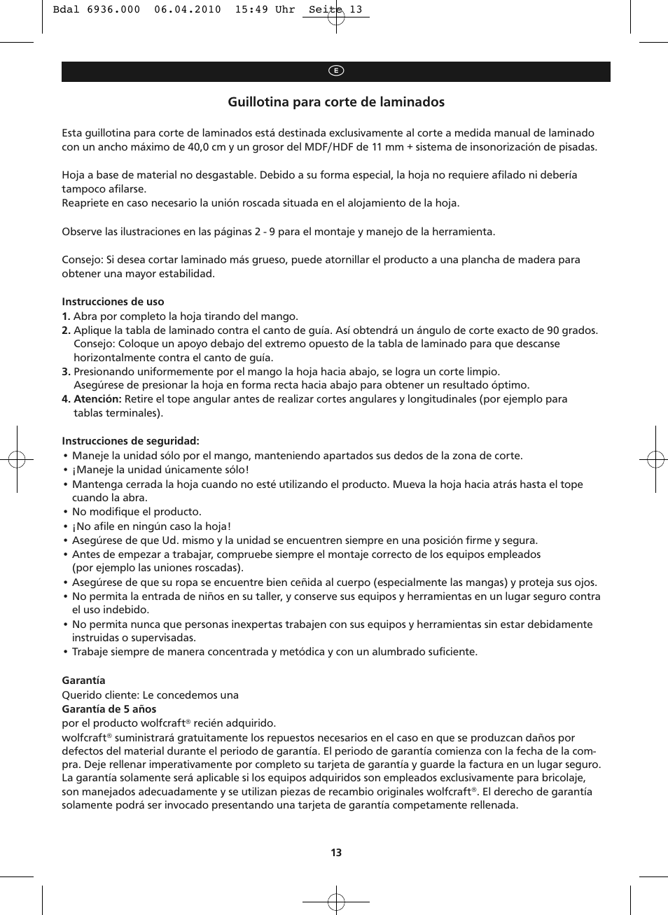 Guillotina para corte de laminados | Wolfcraft LC 300 User Manual | Page 13 / 32