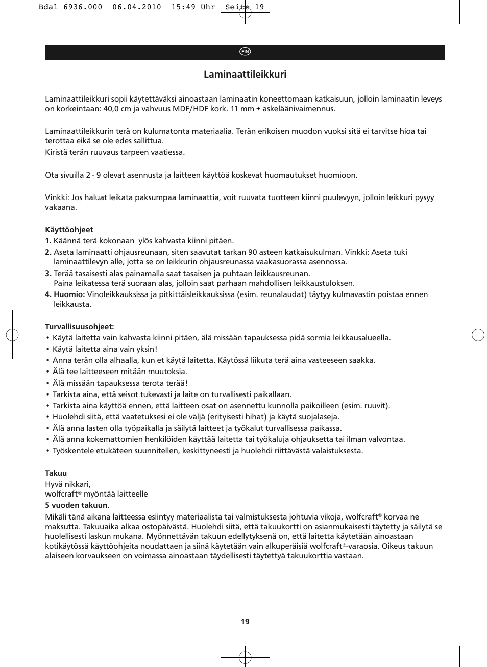 Laminaattileikkuri | Wolfcraft LC 300 User Manual | Page 19 / 32