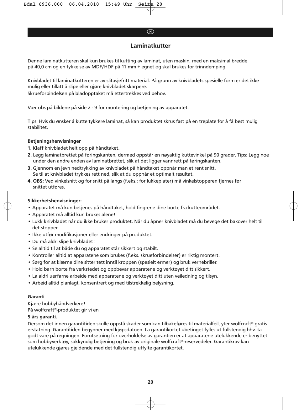 Laminatkutter | Wolfcraft LC 300 User Manual | Page 20 / 32