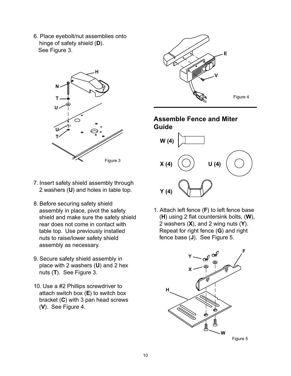 Assemble fence and miter guide, W (4) x (4) u (4) y (4) | Wolfcraft 6157 User Manual | Page 10 / 52