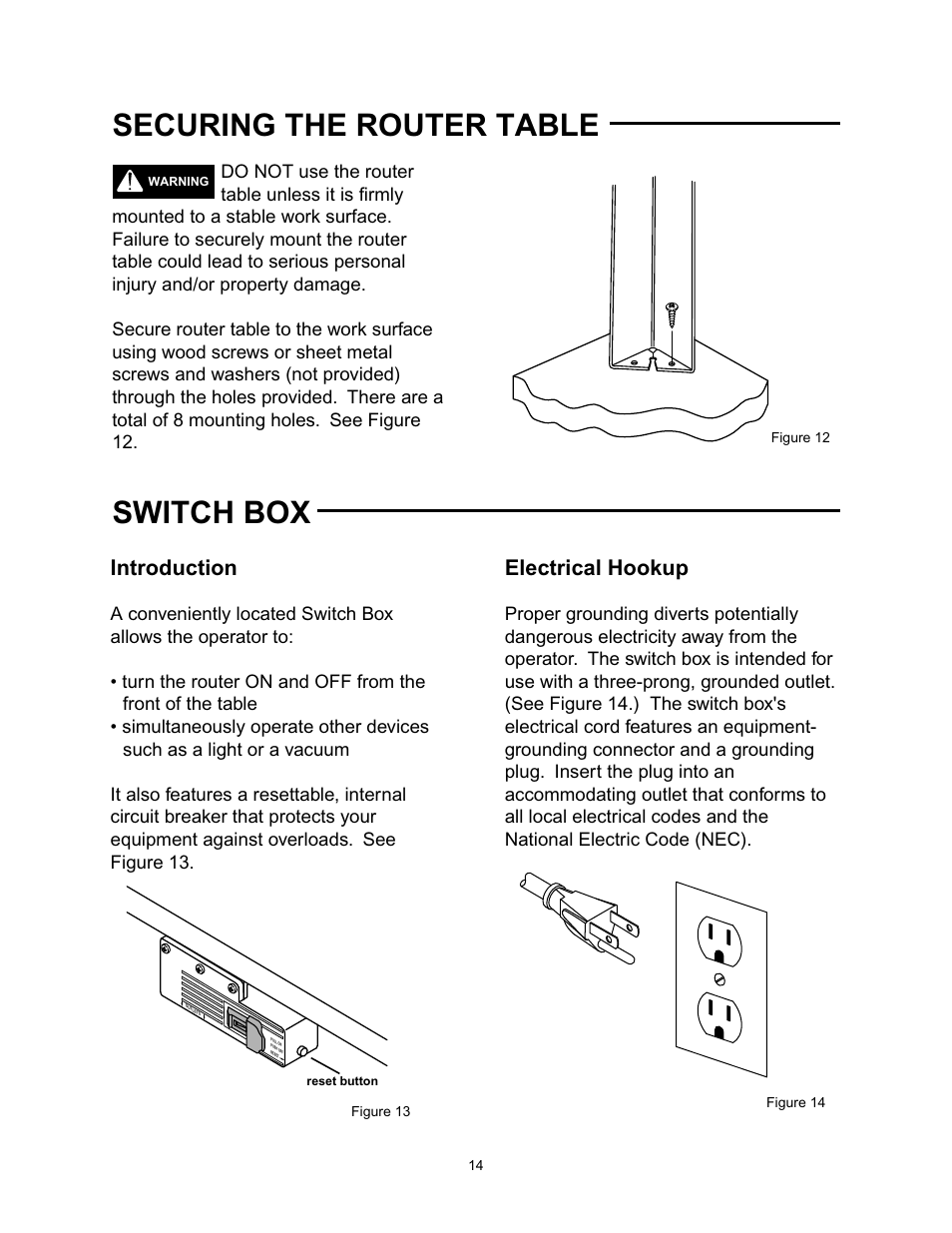 Securing the router table switch box, Introduction, Electrical hookup | Wolfcraft 6157 User Manual | Page 14 / 52